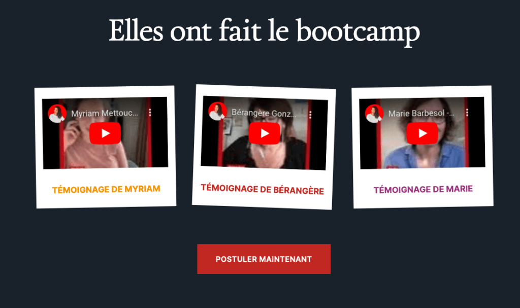 Bootcamp video testimonials page with Myriam, Bérengère, and Marie sharing their experiences, red 'Apply Now' button for a call to action.