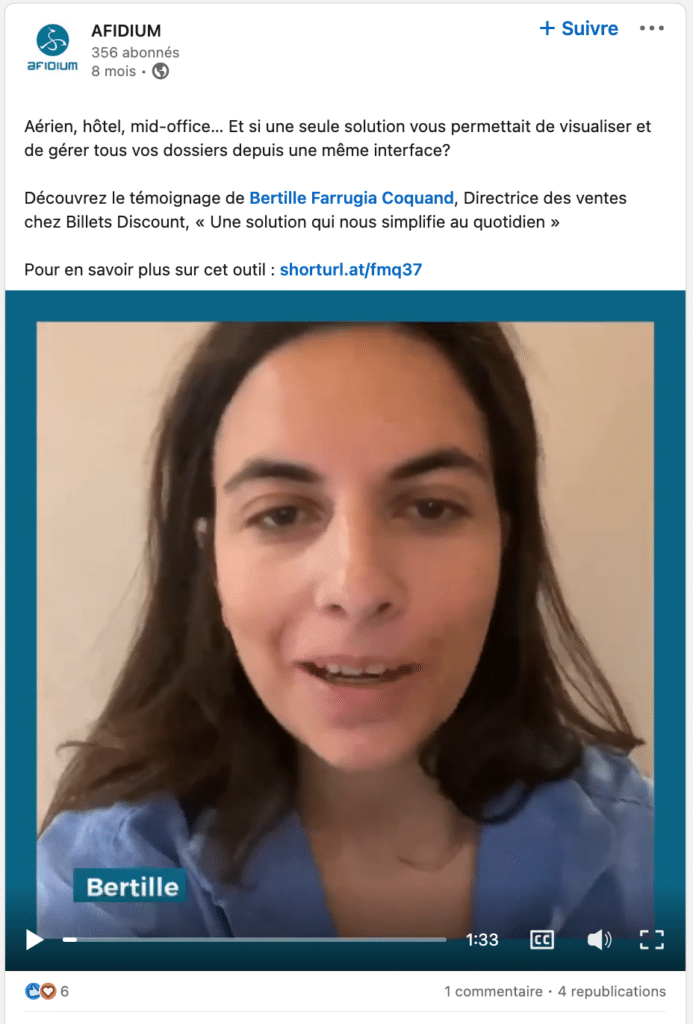 Vídeo testimonial de cliente de Bertille Farrugia Coquand en las redes sociales, utilizando la herramienta YourCharlie para compartir su experiencia con Discount Tickets.