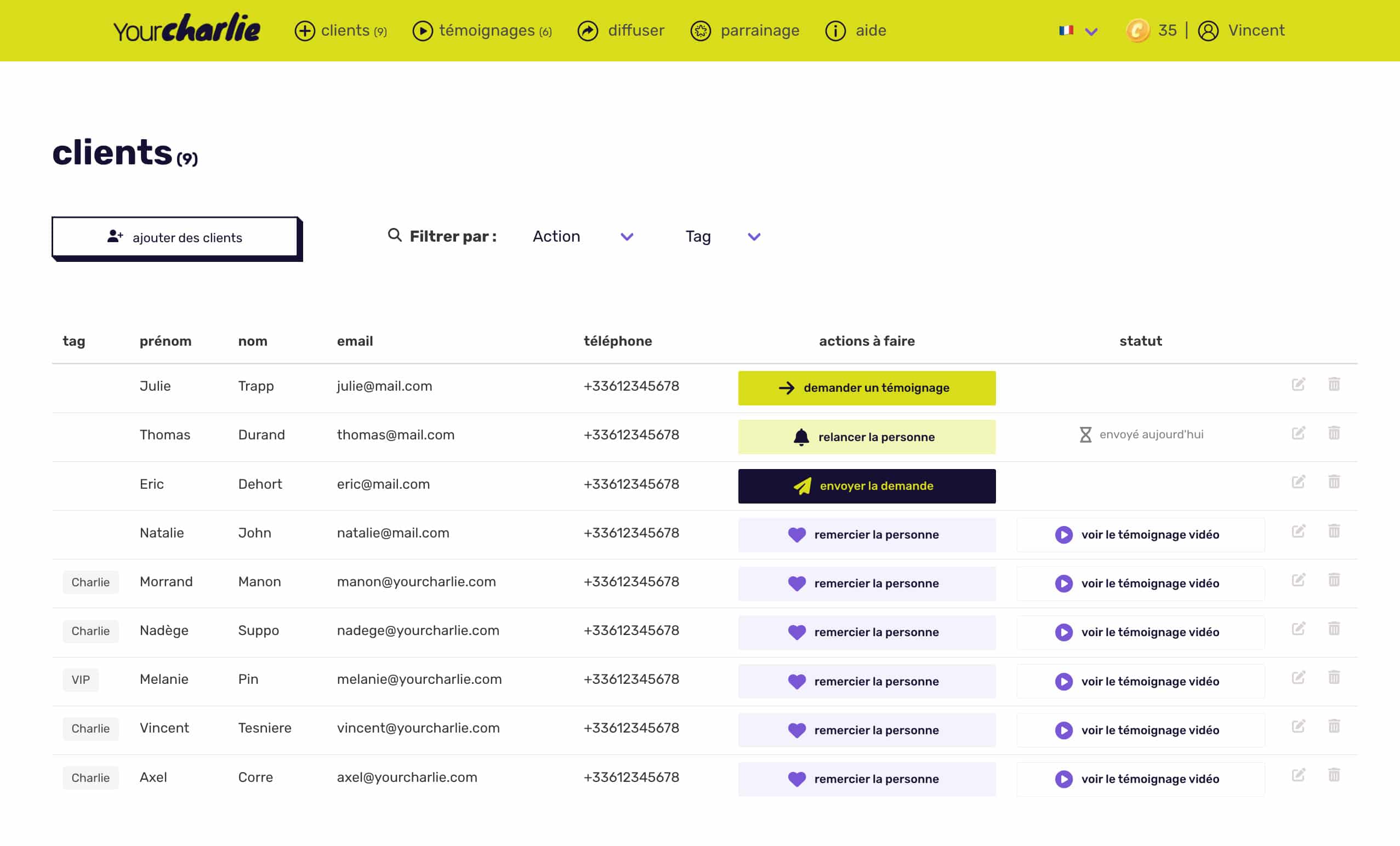 Directorio de clientes en el software YourCharlie.